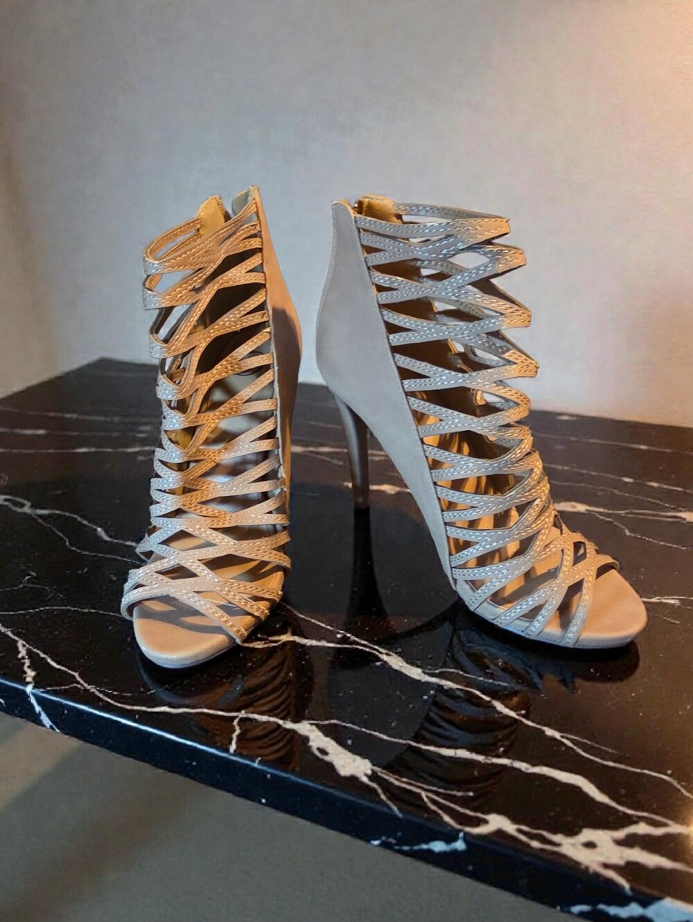 Beige Strappy Cage Stiletto‎ Heels